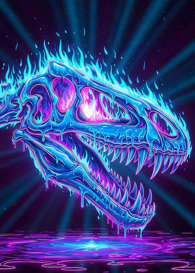 Neon Dinosaur Skull with Flames