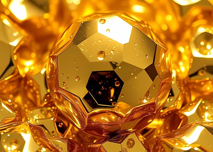 Gleaming Liquid-Gold Geodesic Orbs with Reflective Facets and Suspended Droplets