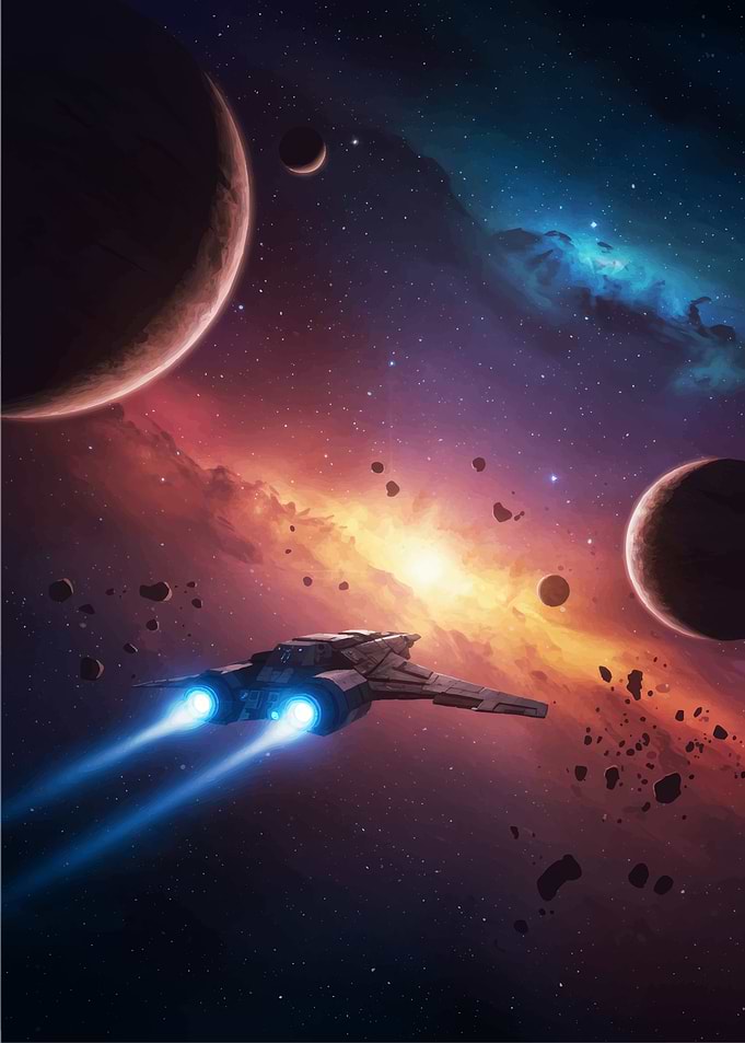 Spaceship in Nebula with Planets