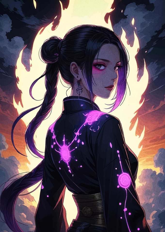 Anime Girl with Purple Accents and Fire