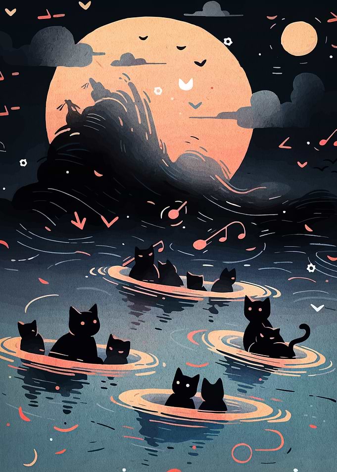 Cats on Water, Moonlit Night