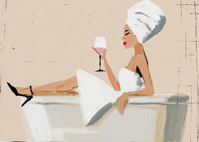 Woman in Bathtub with Wine Painting