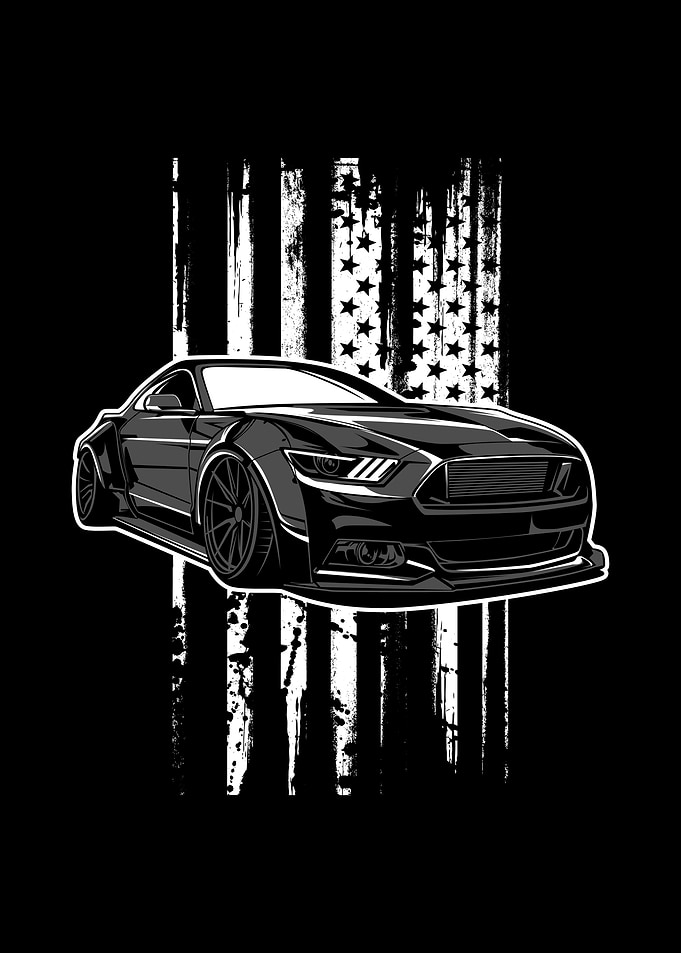 Black Mustang with American Flag Backdrop