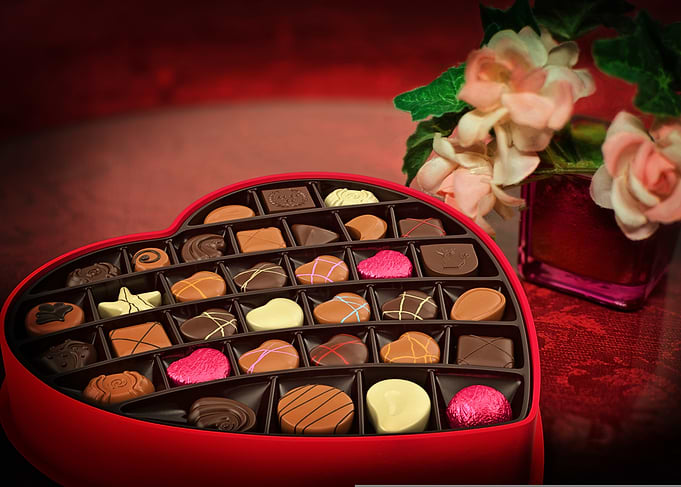 Heart-shaped chocolate box with flowers