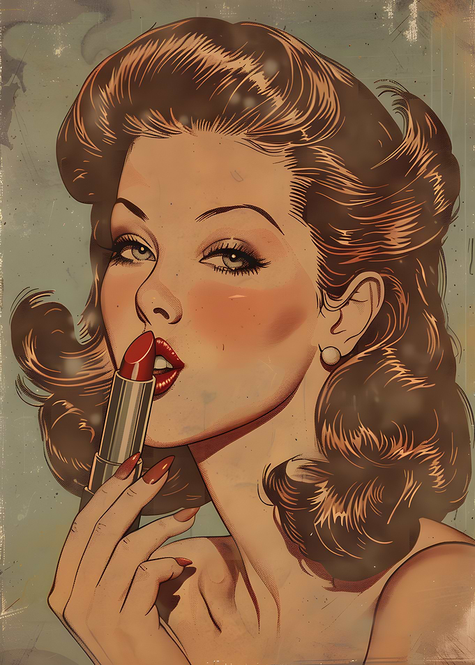 Retro Woman Applying Lipstick Illustration
