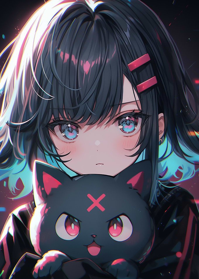 Anime Girl with Cat Plushie