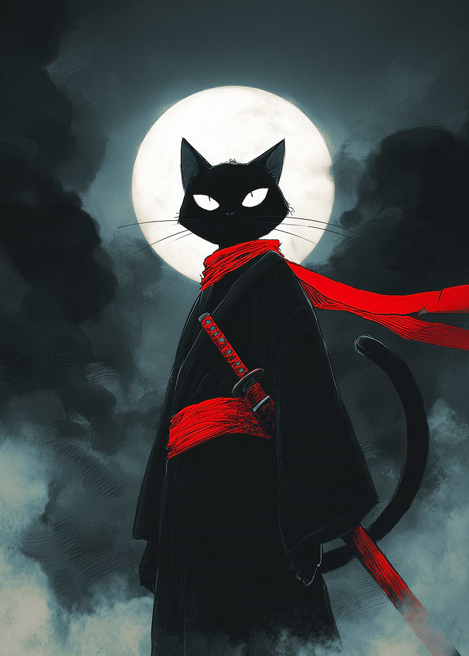 Ninja Cat with Katana and Moon