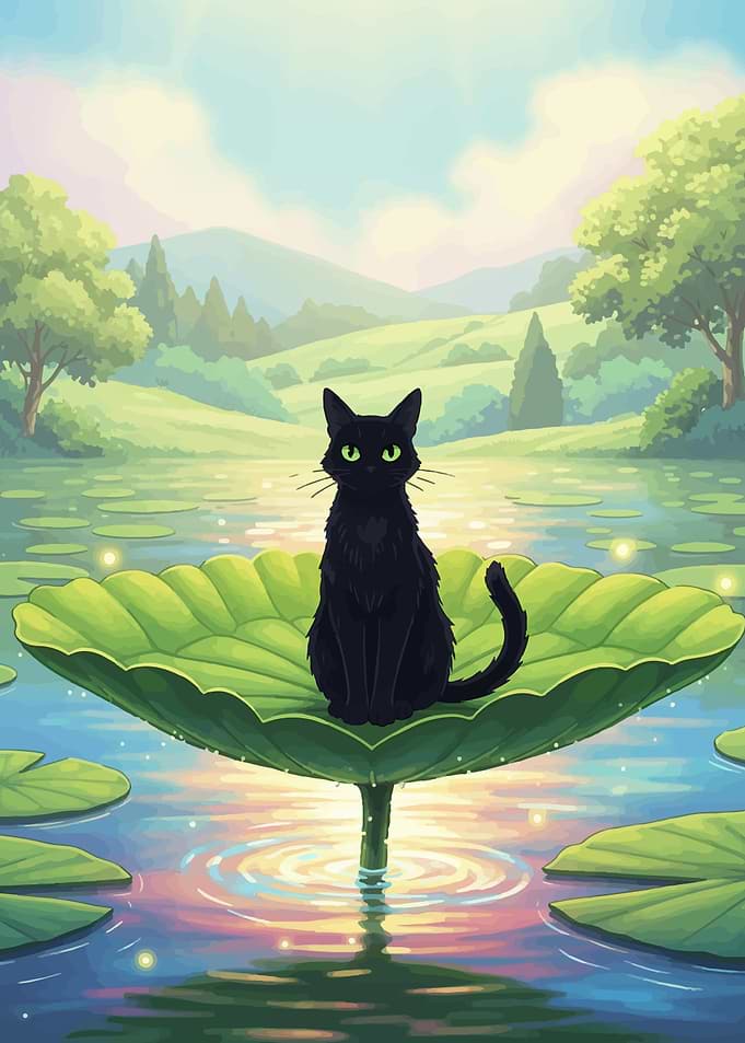 Black cat on a lily pad