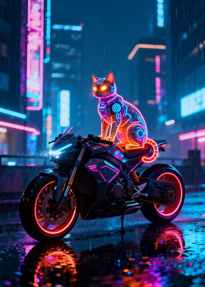 Cyberpunk Cat on Motorcycle in Rainy City