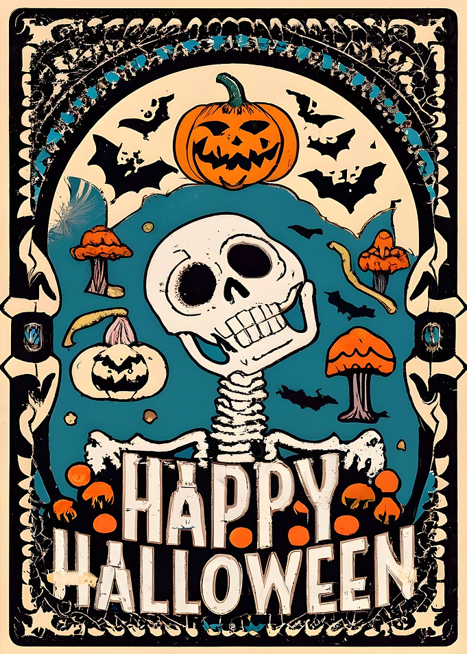Vintage Halloween Poster with Skeleton