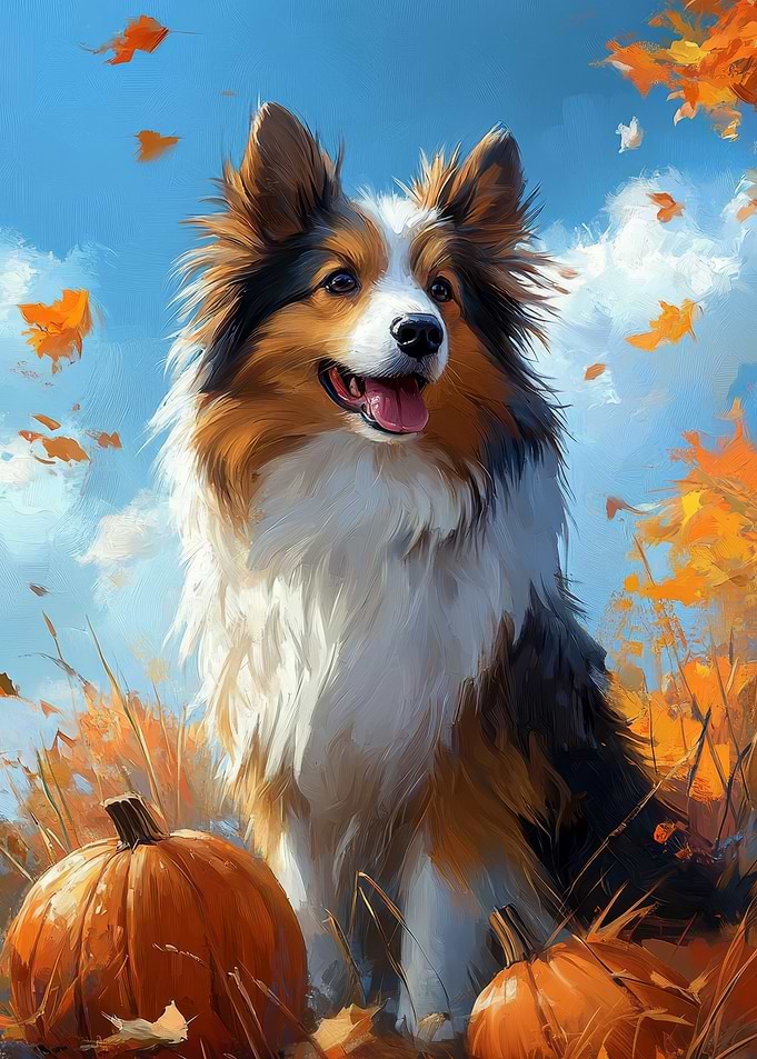 Sheltie with Pumpkins | Autumn Dog Print