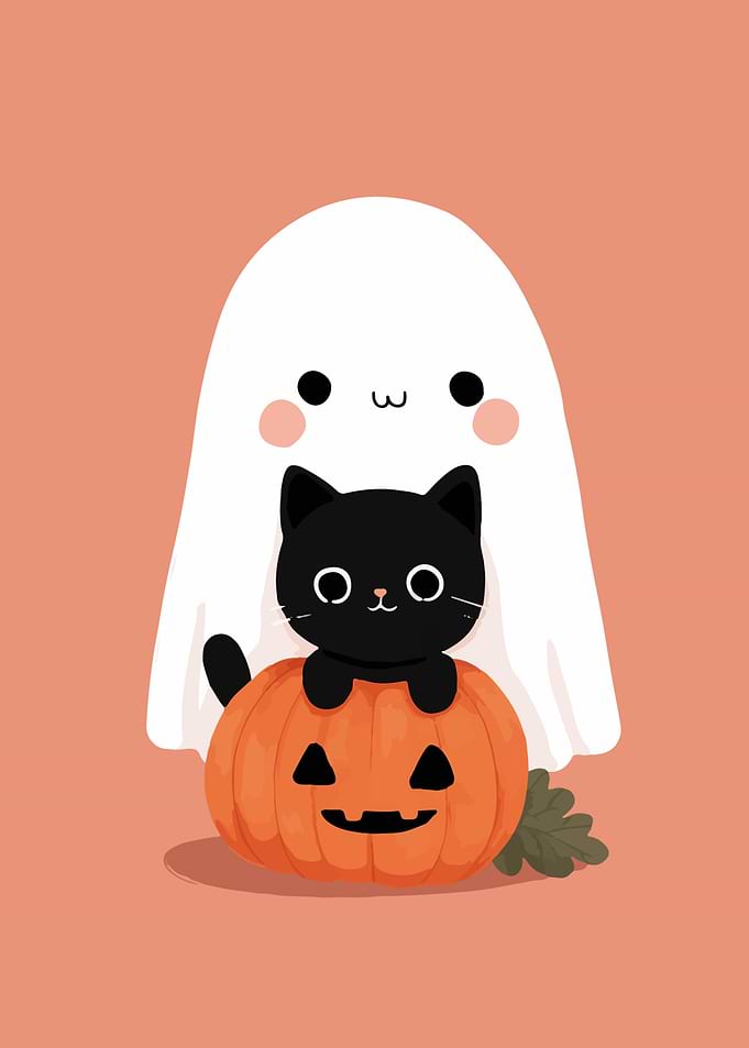 Cute Halloween Ghost, Cat, and Pumpkin