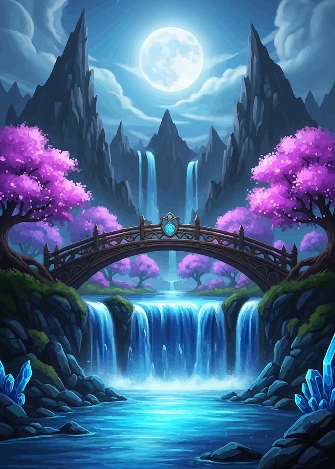 Fantasy Landscape with Bridge and Waterfalls