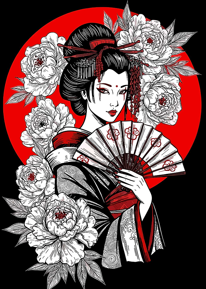 Geisha with Fan and Floral Accents