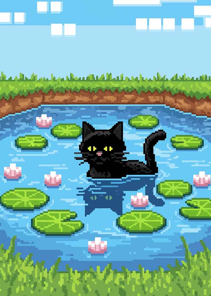 Pixel Art Black Cat in Pond