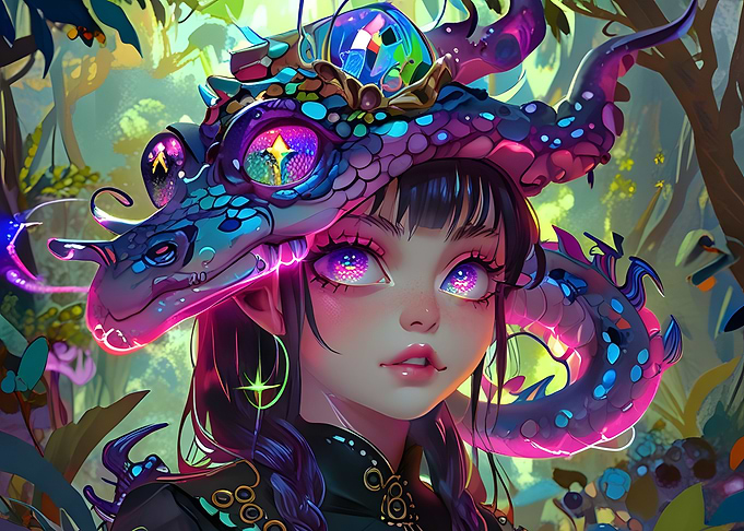 Anime Japan Style Girl with Dragon Hat in Forest Glowing Halloween