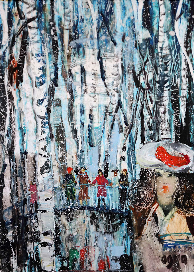 Abstract Birch Forest with Figures Painting