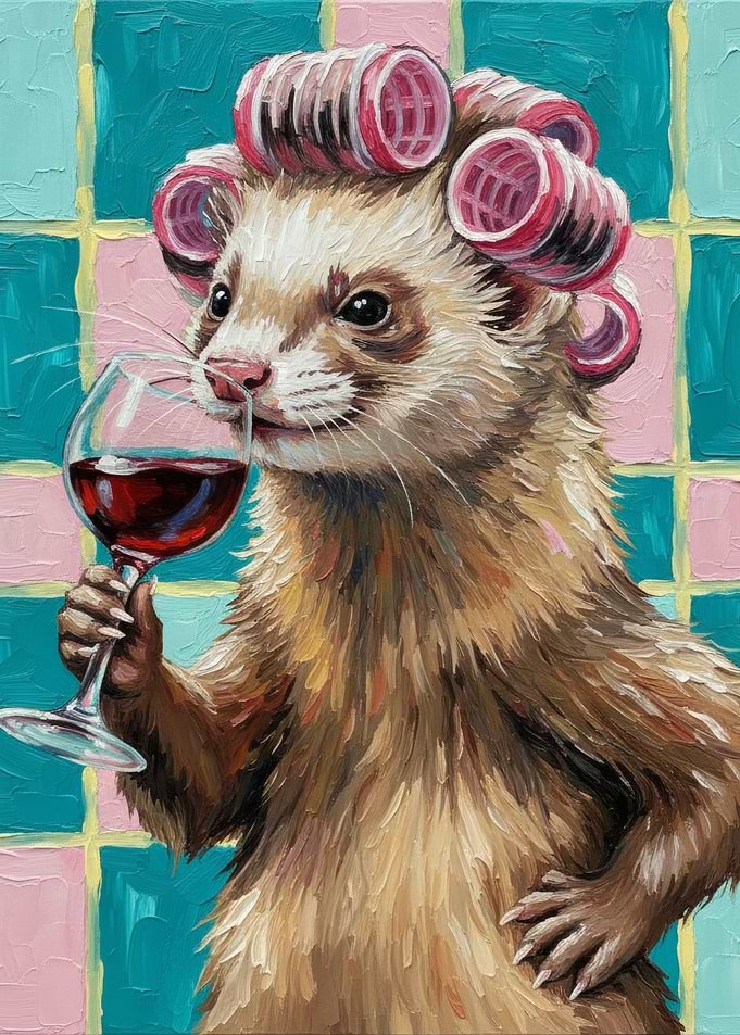 Ferret with Curlers Drinking Wine Painting