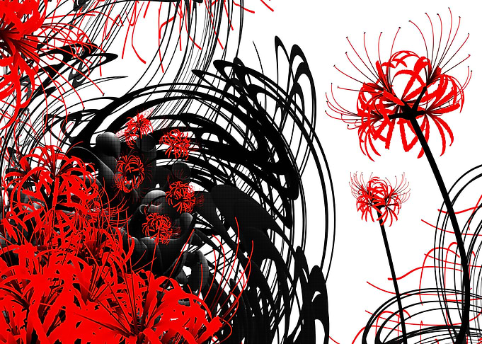 Abstract Red Spider Lilies with Black Lines