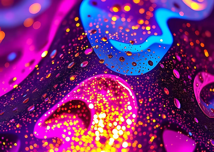Luminous Neon Droplets Over Liquid Gradients with Sparkling Bokeh Glow