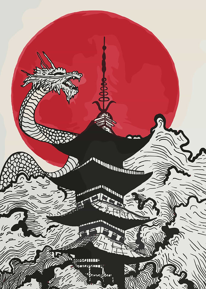 Japanese Pagoda with Dragon and Sun