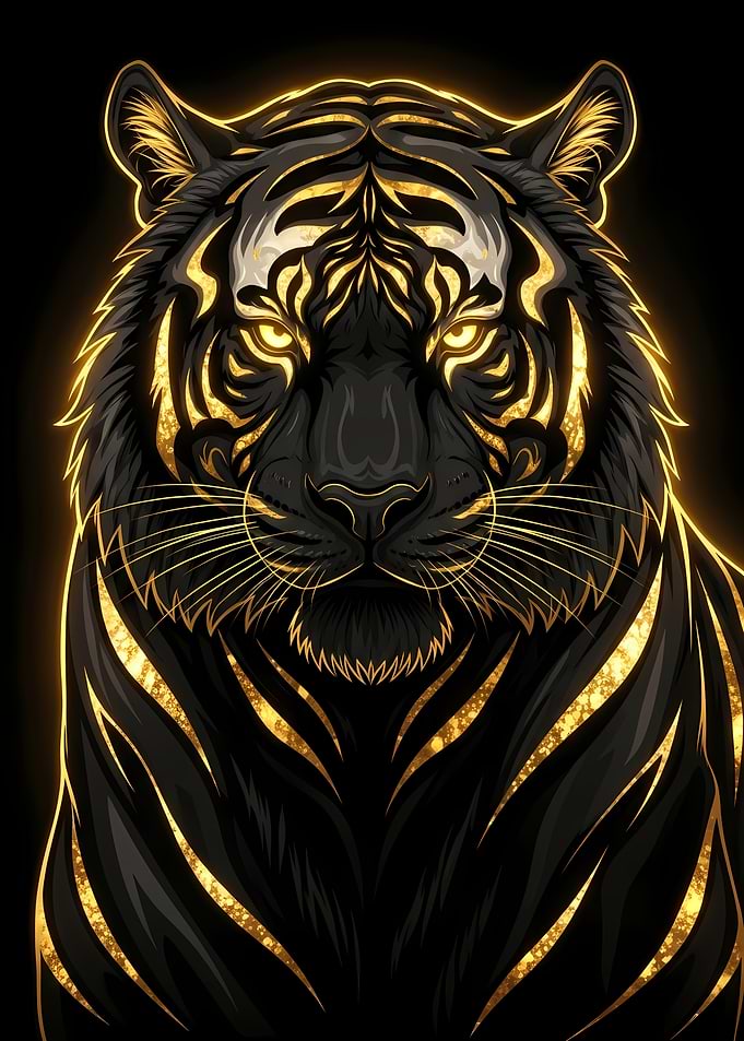 Golden Tiger Portrait on Black Background