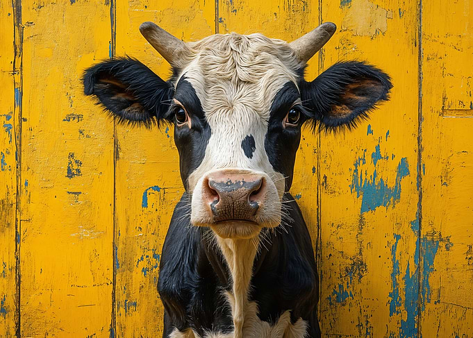 Cow Portrait on Yellow Wooden Background