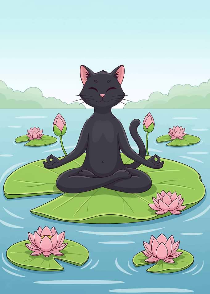 Meditating Cat on Lily Pad
