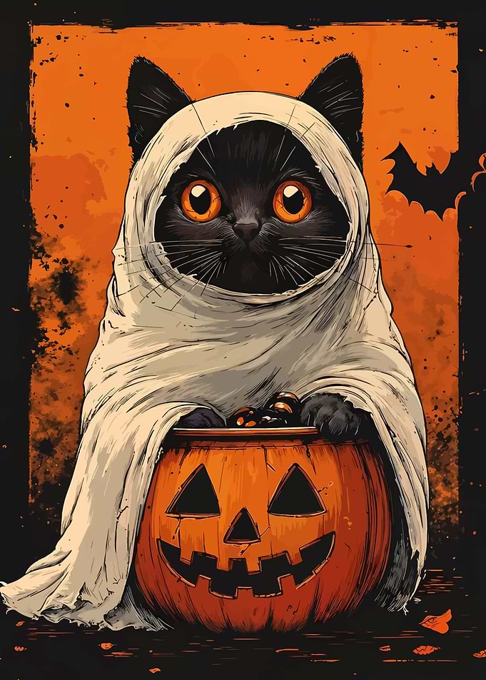 Halloween Cat Ghost with Pumpkin