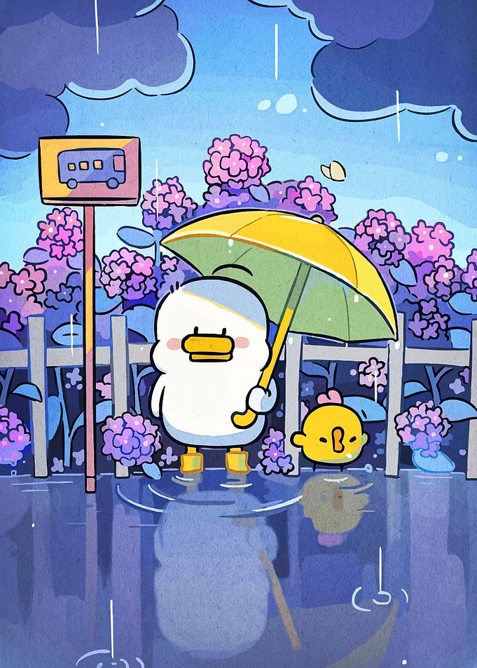 Duck and Chick in Rainy Weather