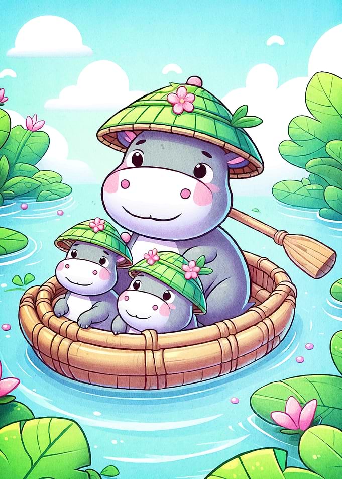 Hippos in a Boat Cartoon