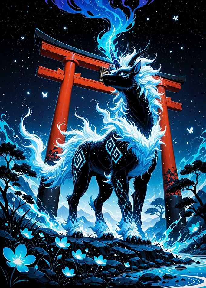 Mystical Kirin Unicorn with Torii Gate Japan