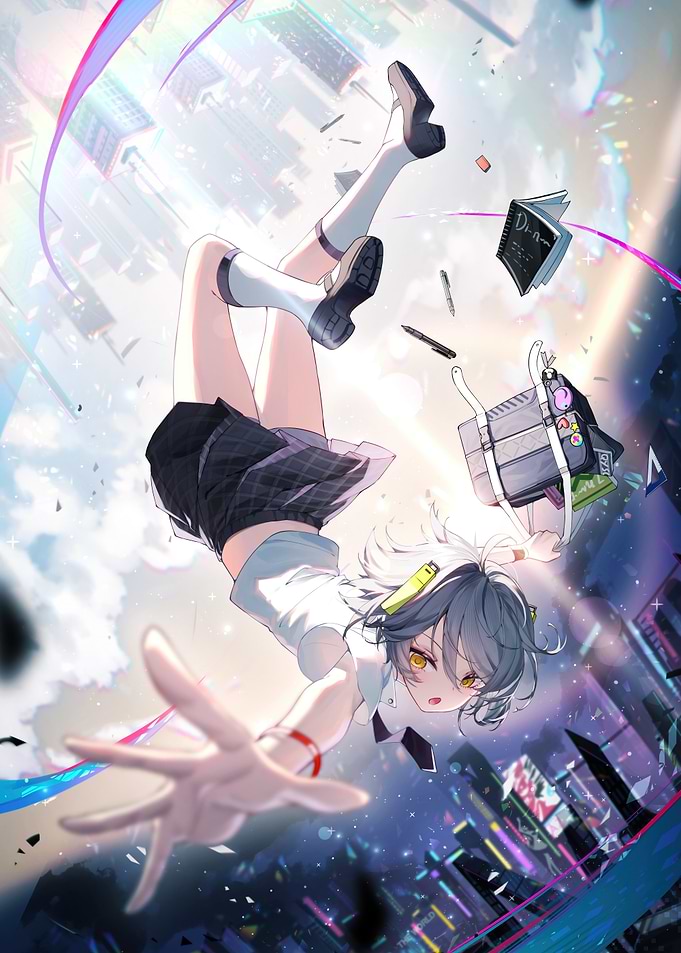 Falling Anime Girl in Cityscape