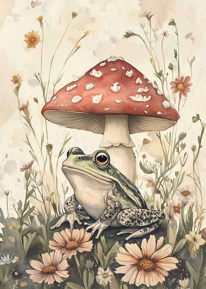 Frog and Mushroom Watercolor Illustration