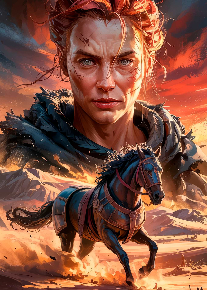 Warrior Woman and Horse in Desert