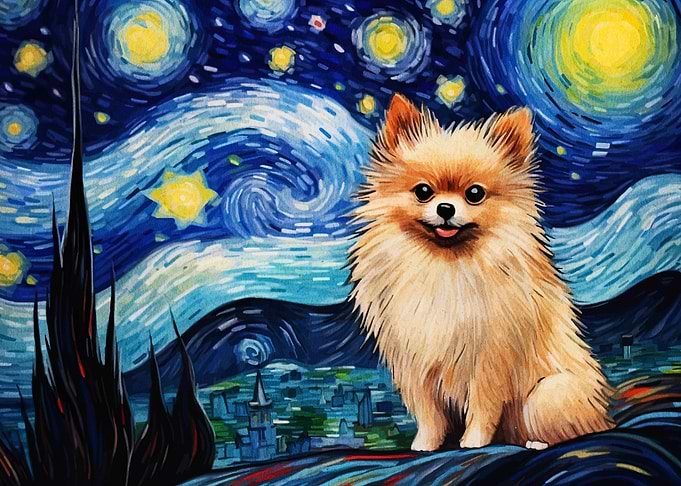 Pomeranian in Starry Night Style