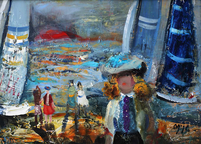 Impressionistic Seascape with Figures and Sailboats
