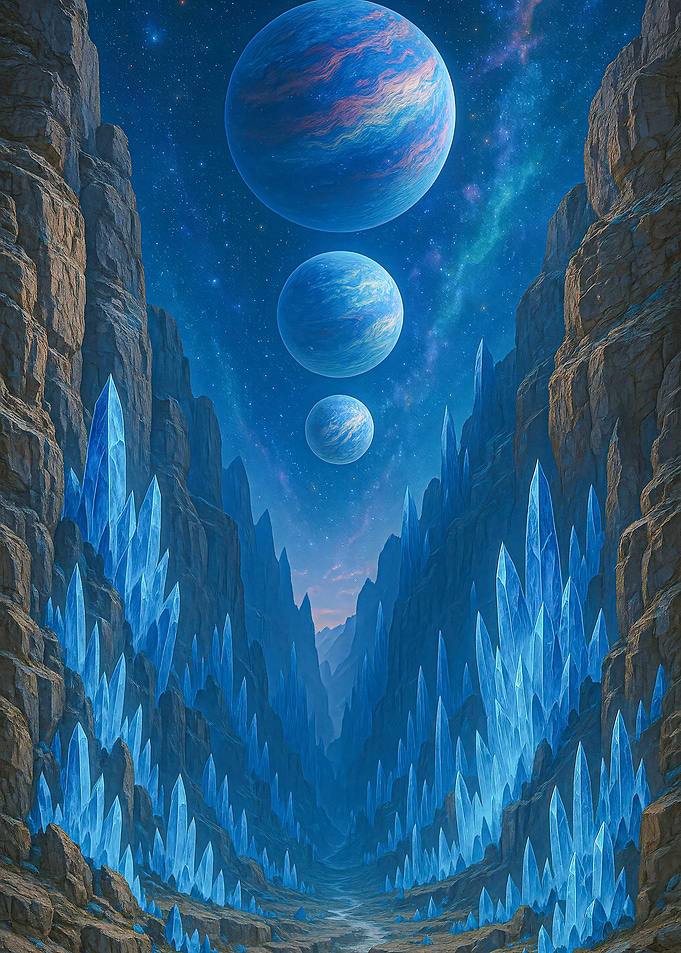 Fantasy Crystal Canyon with Planets