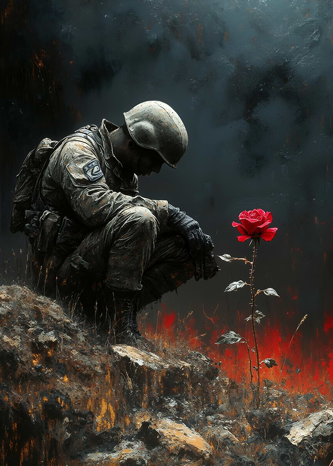 Soldier and Rose in War Landscape