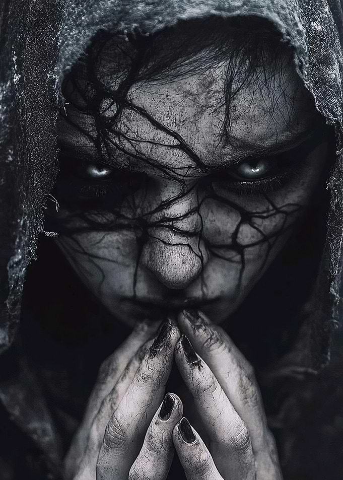 Eerie Hooded Figure with Cracked Skin