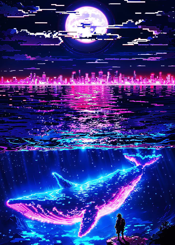 Bioluminescent Whale Under Moonlight - Neon Ocean Fantasy