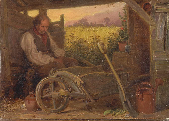 Rural Scene with Farmer and Tools