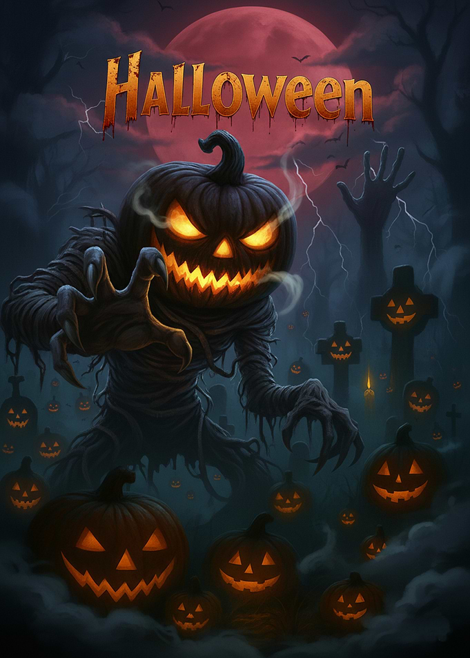 Spooky Halloween Pumpkin Monster in Graveyard