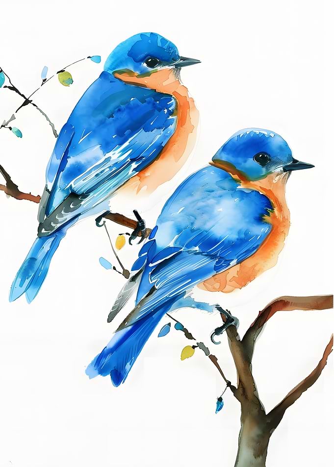 Two Bluebirds Watercolor Painting