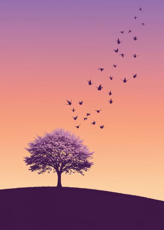 Tree with Origami Cranes at Sunset
