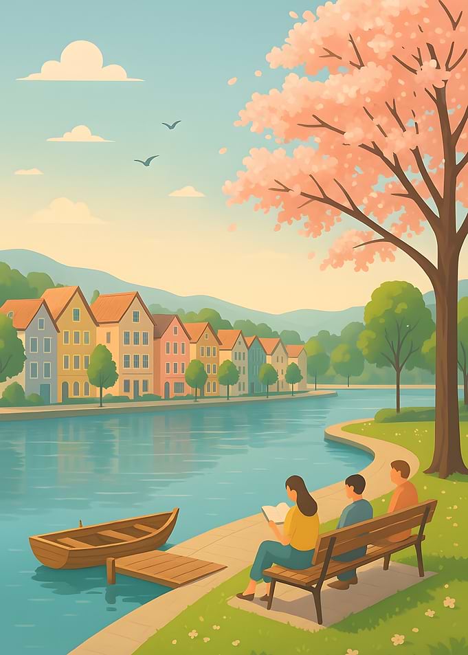 Peaceful riverside scene with people relaxing