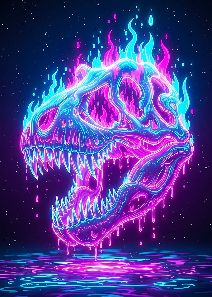 Neon Dinosaur Skull with Flames