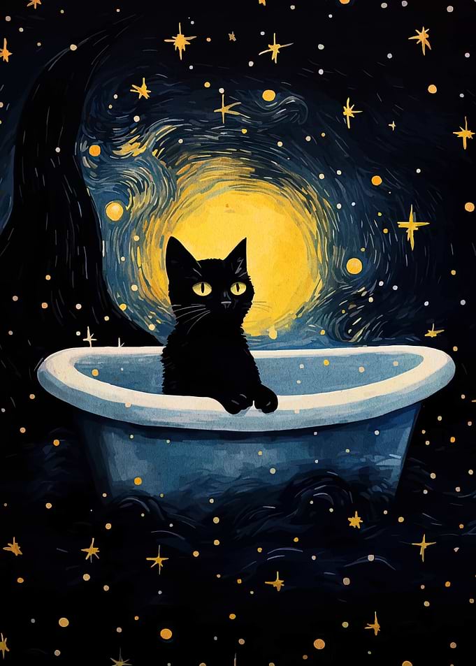 Black Cat in Bathtub Starry Night