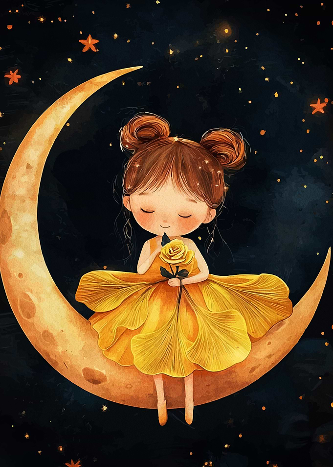 Girl on the Moon with Yellow Rose