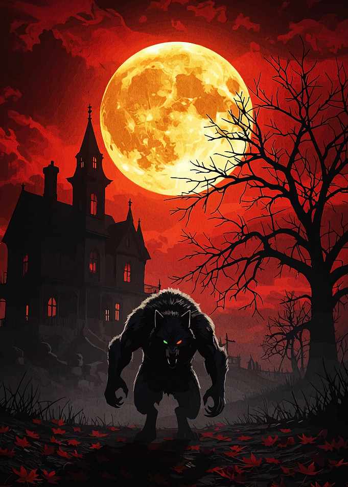 Werewolf in front of haunted house